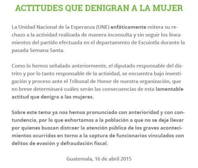 Comunicado Oficial del Partido Une sobre Denigración de la Mujer en sus Actividades